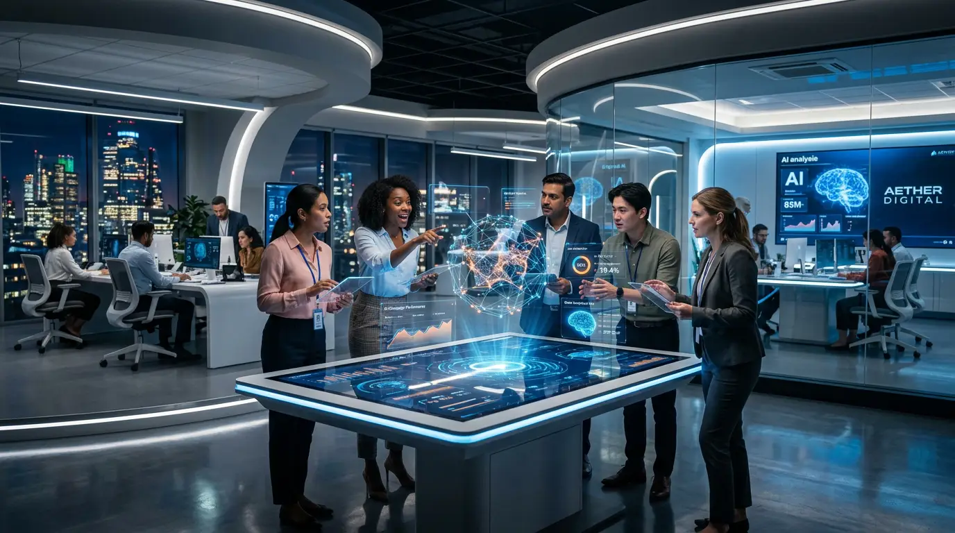 Futuristic digital marketing office with AI holograms and collaboration