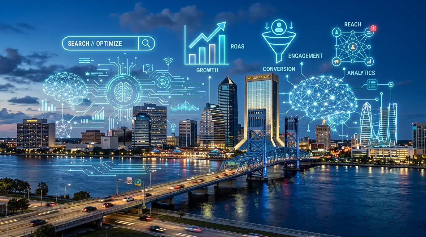 Digital illustration of AI marketing trends in Jacksonville, FL for 2026