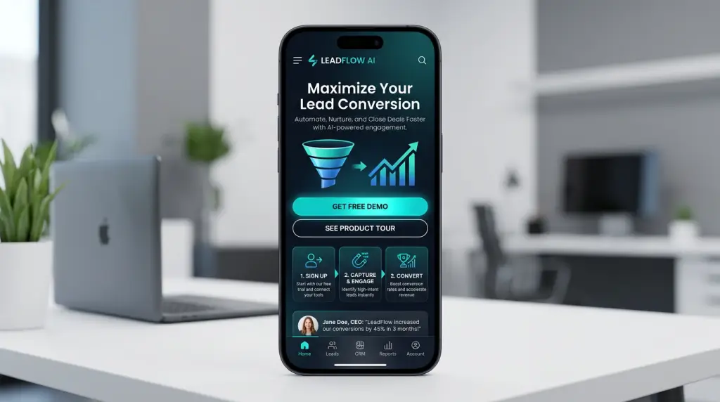 A sleek mobile interface mockup highlighting a lead conversion path