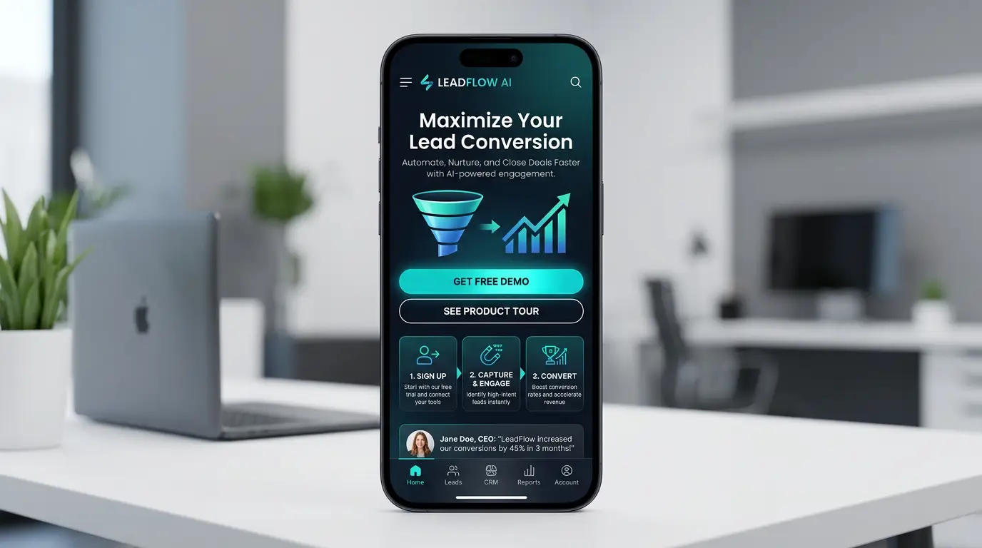 A sleek mobile interface mockup highlighting a lead conversion path