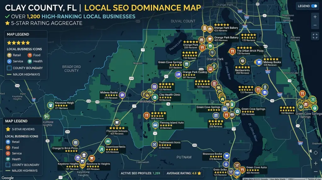 A digital map of Clay County Florida with 5-star review markers