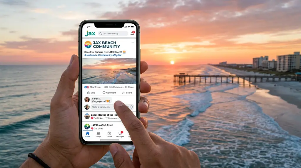 A smartphone showing social engagement with a Jacksonville sunrise backdrop