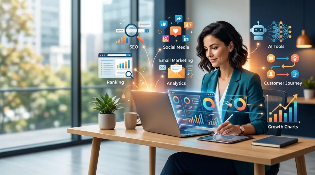 2026 Small Business Digital Marketing Playbook Featured Image | Involve Digital Marketing Small business owner reviewing digital marketing dashboards and growth trends for 2026