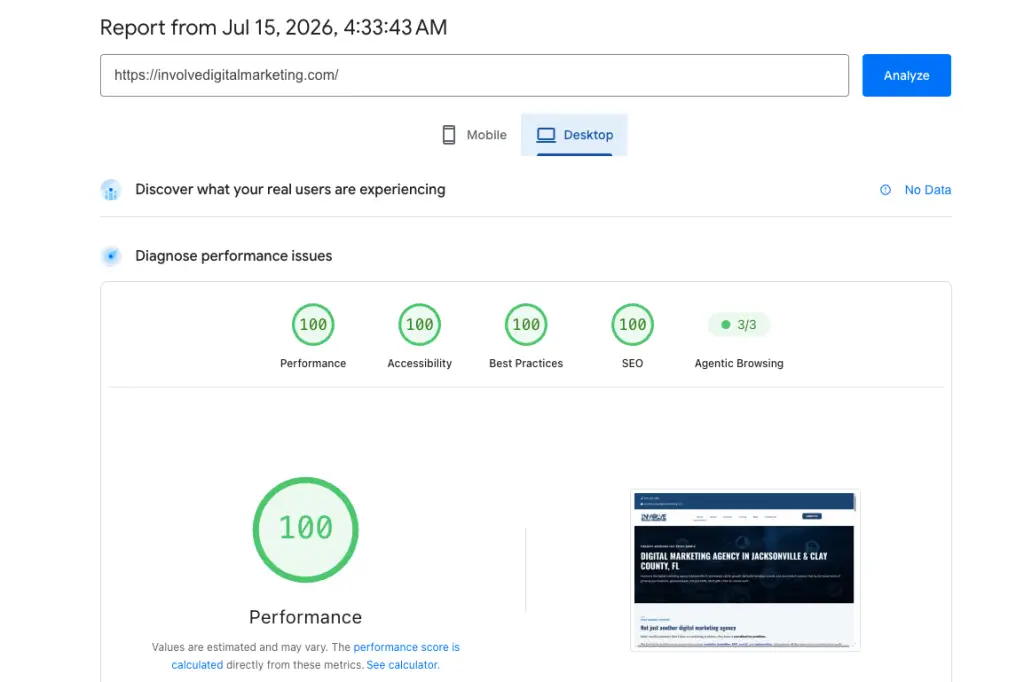 Agentic Browing-Involve Digital Marketing | Involve Digital Marketing Analytics dashboard screenshot with a site audit report title, URL field, Analyze button, and desktop view showing 100 badges for Performance, Accessibility, Best Practices, SEO, and a green dot for Agentic Browsing, plus a large'Performance' card and a site thumbnail on the right.