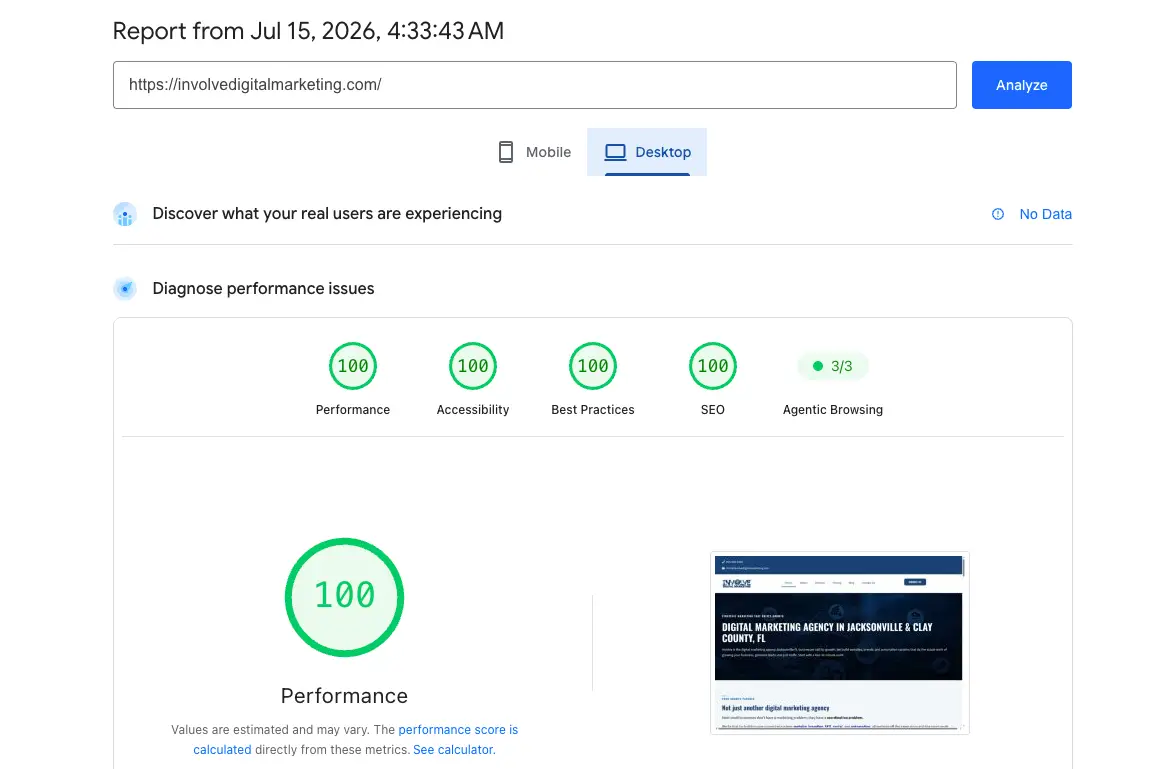 Agentic Browing-Involve Digital Marketing | Involve Digital Marketing Analytics dashboard screenshot with a site audit report title, URL field, Analyze button, and desktop view showing 100 badges for Performance, Accessibility, Best Practices, SEO, and a green dot for Agentic Browsing, plus a large 'Performance' card and a site thumbnail on the right.