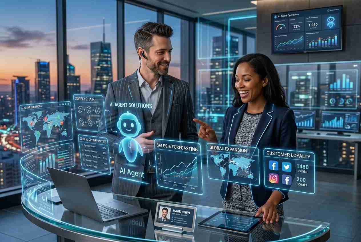 Generate an Image for this blog AI Agents for businesses wit | Involve Digital Marketing Two business professionals using holographic AI dashboards with global data and charts in a futuristic office setting.