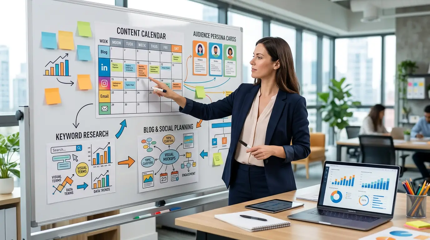 Content strategy planning with audience personas, editorial calendar, keyword research, and marketing ideas