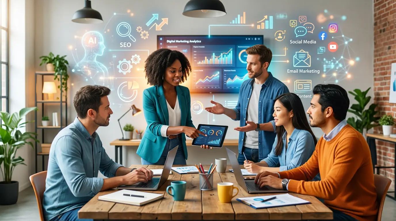 Digital marketing trends for small businesses with analytics, SEO, social media, and AI strategy visuals