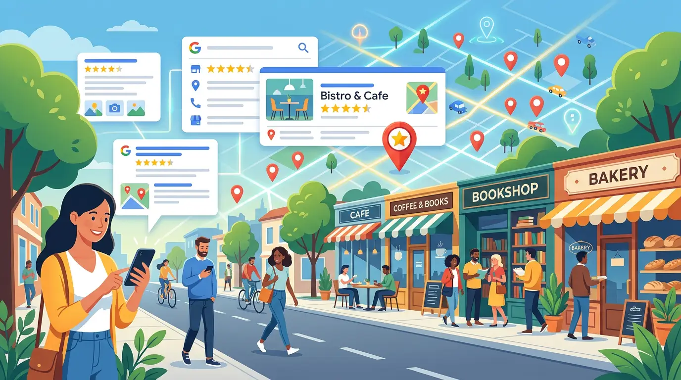 Local SEO strategy with map pins, storefront, online search cards, and nearby customer discovery visuals