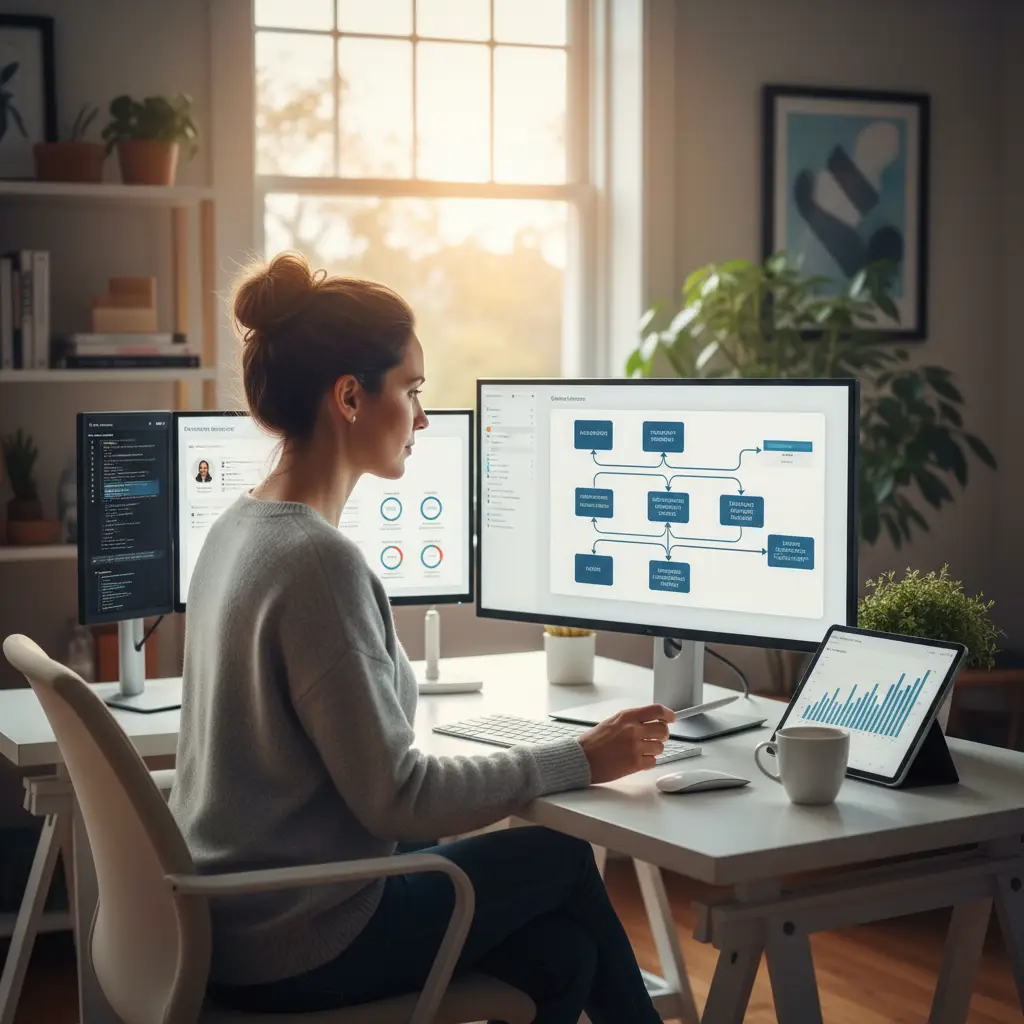 Person working at a home office desk with dual monitors displaying a flowchart and dashboard, plus a tablet showing a bar chart