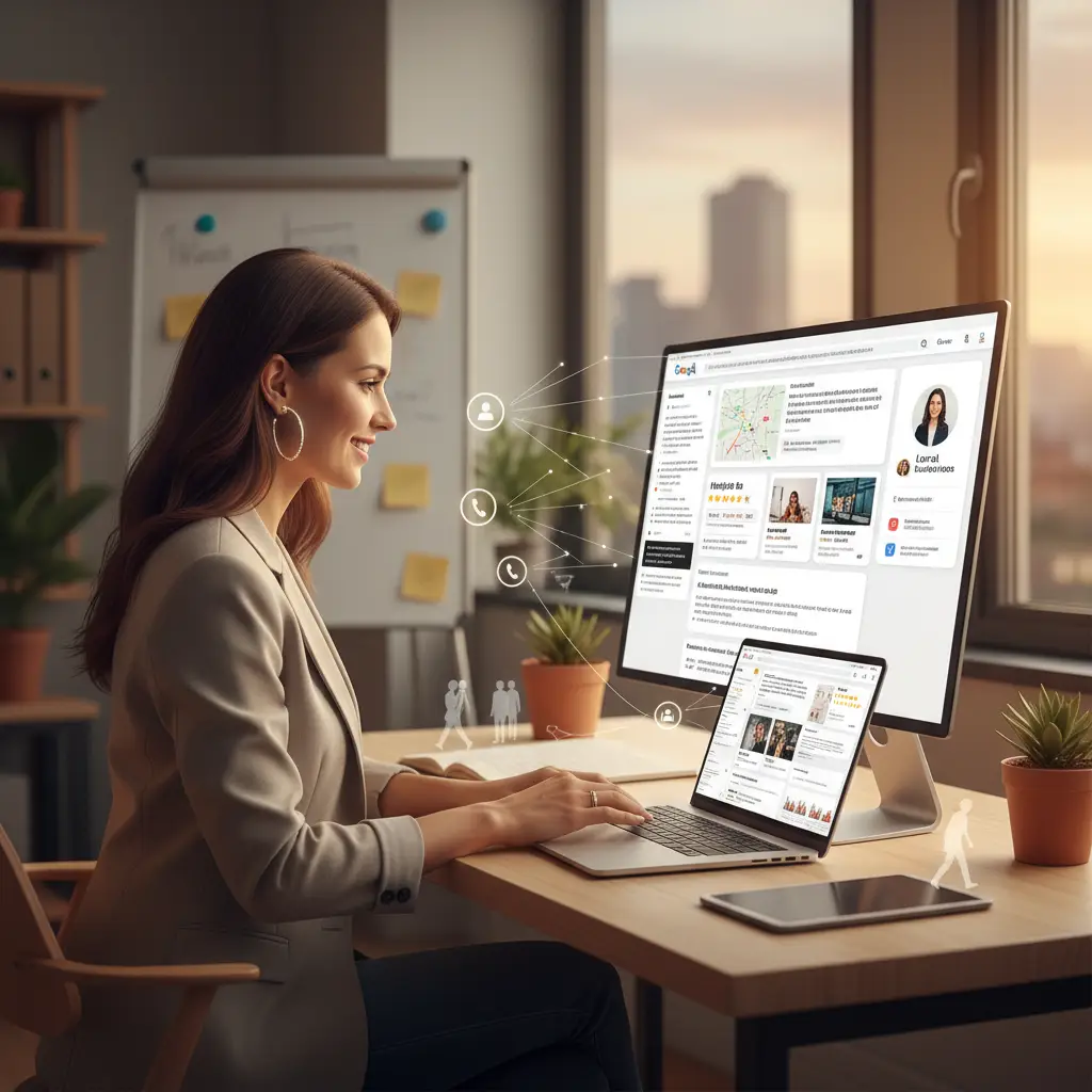 Woman managing a local business profile on Google, representing how businesses win visibility in zero click search