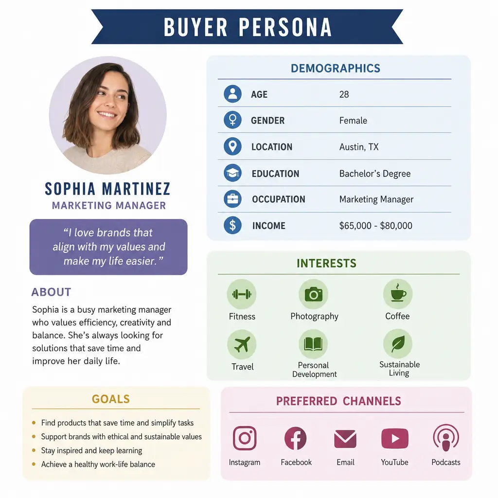 98acd896-be0c-49d4-8687-c9e99dd81141 | Involve Digital Marketing Graphic illustrating a buyer persona with demographics and interests