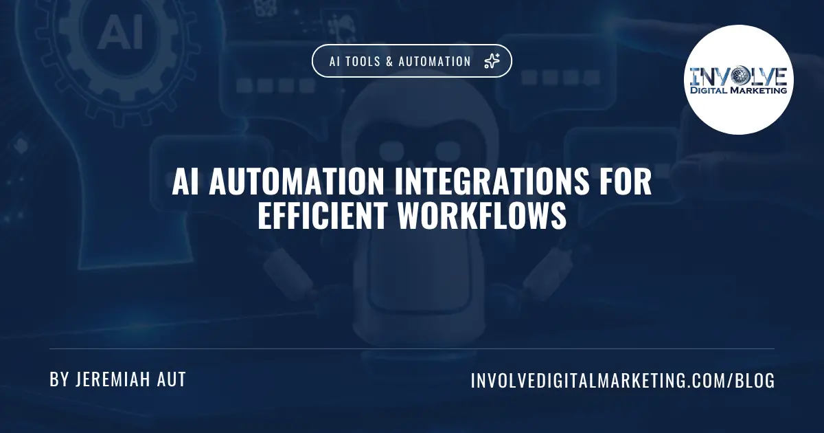 AI Automation Integrations for Efficient Workflows | Involve Digital Marketing | Involve Digital Marketing Blog banner: 'AI Automation Integrations for Efficient Workflows' with a blue gradient, robot figure, AI tools badge, and Involve Digital Marketing logo.