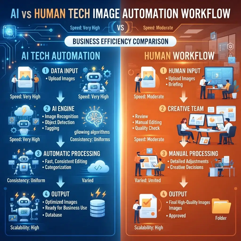 View full-size AI Automation vs. Human Workflow comparison infographic