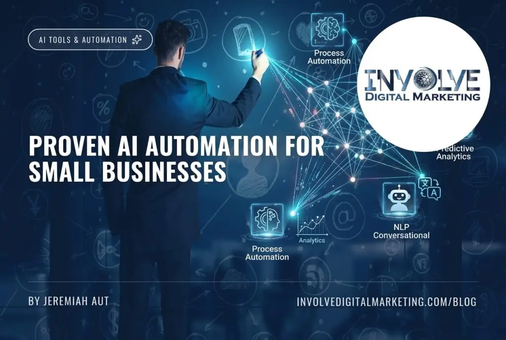 Proven AI Automation for Small Businesses Jacksonville FL | Involve Digital Marketing Proven AI Automation for Small Businesses, article cover by Jeremiah Aut on Involve Digital Marketing, featuring AI tools including Process Automation, Analytics, Predictive Analytics, and NLP Conversational