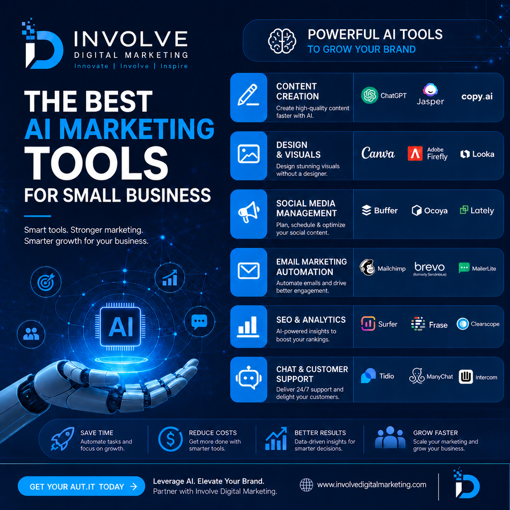 best AI marketing tools for small business 2026 with a blue | Involve Digital Marketing Infographic listing best AI marketing tools for small business by category: content creation, design, social media, email, SEO, and customer support