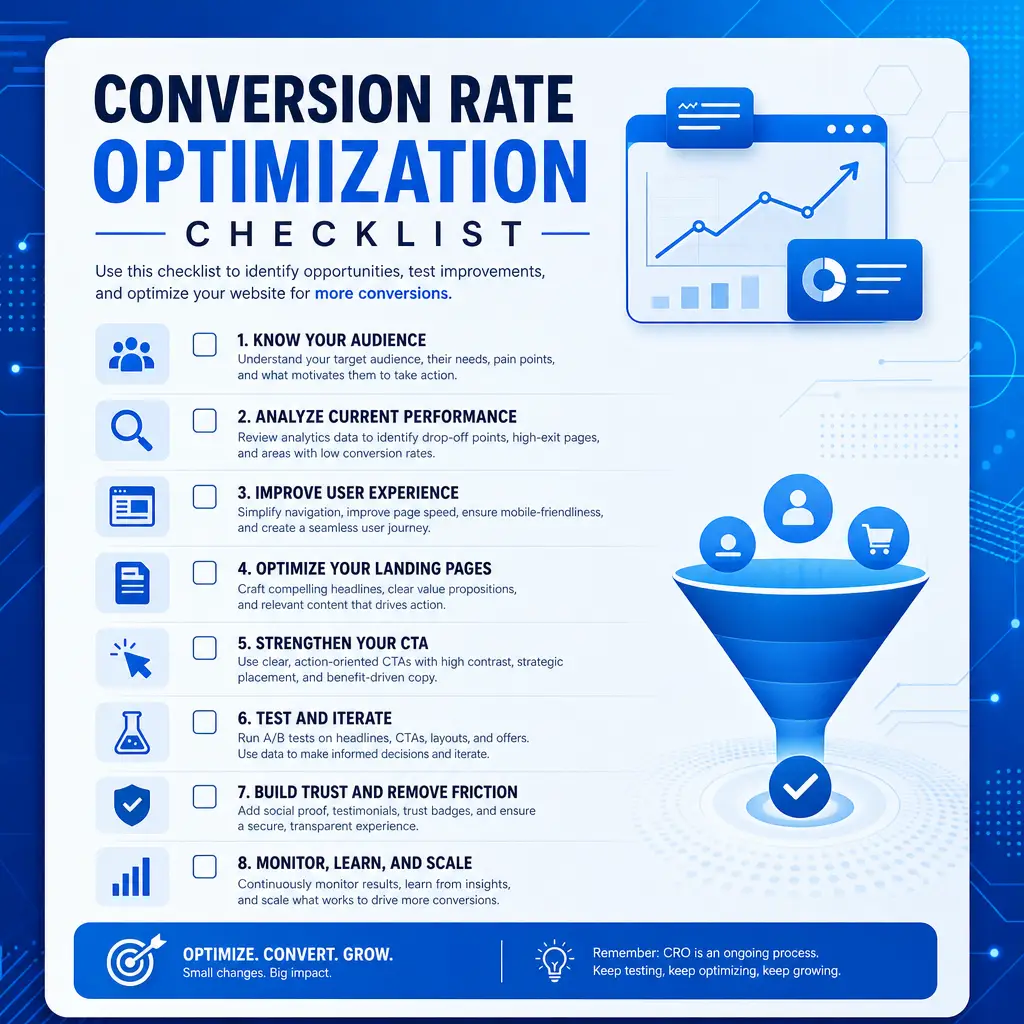 Blue CRO checklist infographic with the title 'Conversion Rate Optimization Checklist', showing eight steps and a right-side funnel graphic illustrating the CRO workflow. Conversion rate optimization checklist infographic with eight steps from audience research to testing