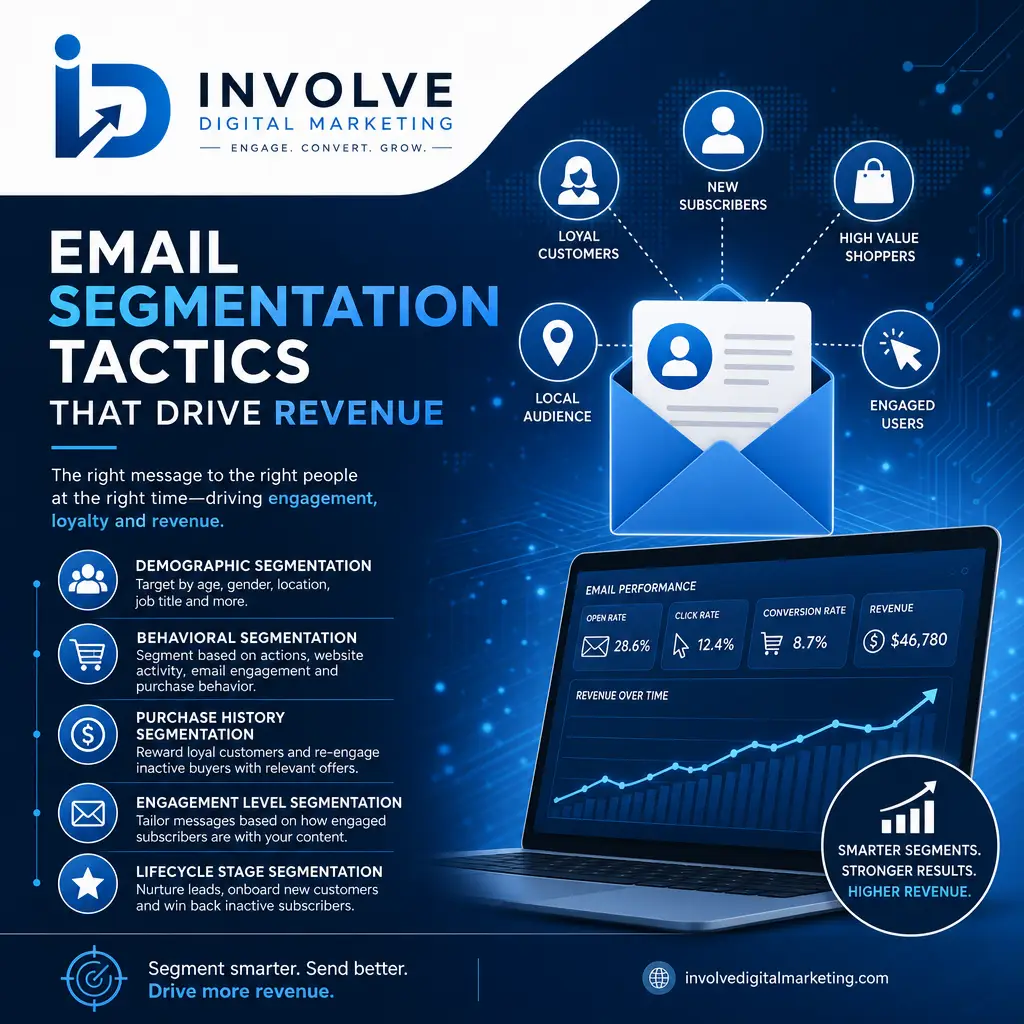 Infographic for Involve Digital Marketing: left column lists email segmentation tactics (Demographic, Behavioral, Purchase history, Engagement level, Lifecycle stage) with icons; central envelope and laptop show performance metrics; circular badge reads 'Smarter Segments. Stronger Results. Higher Revenue.' Header: 'Email Segmentation Tactics That Drive Revenue' with logo. Infographic of five email segmentation tactics: demographic, behavioral, purchase history, engagement and lifecycle