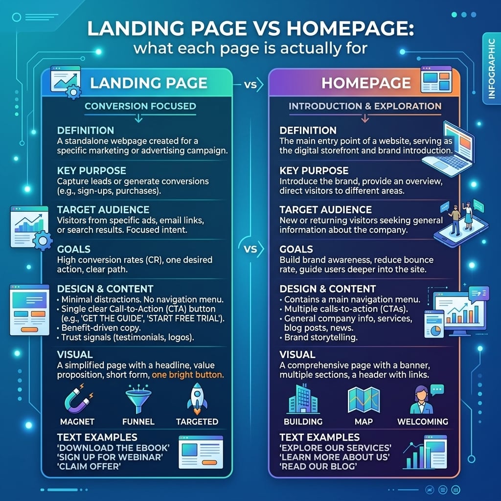 Infographic comparing landing page vs homepage, outlining definitions, purposes, targets, goals, design and visuals on two side-by-side panels. Infographic for Landing page vs. homepage from Involve Digital Marketing Article by Jeremiah Aut