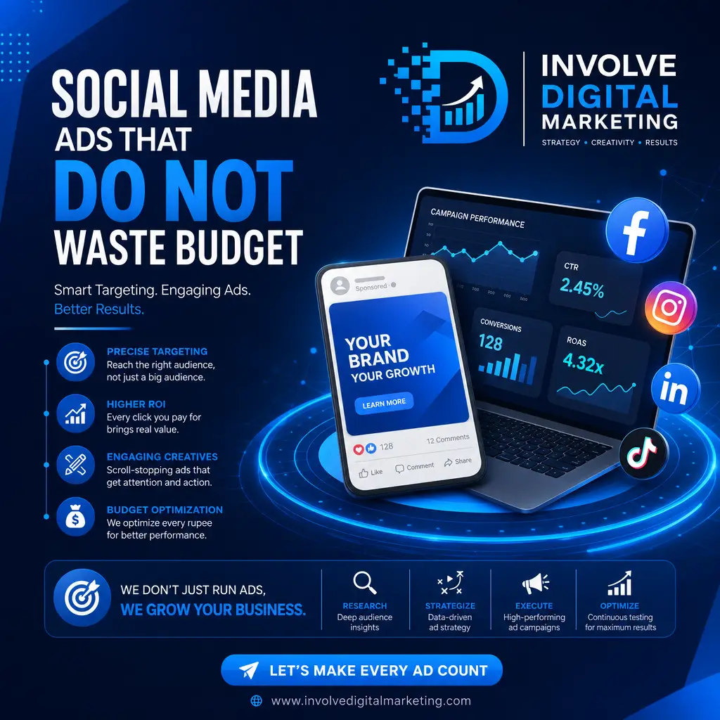 Ad for Involve Digital Marketing promoting efficient social media ads, featuring a laptop, smartphone, and social icons (Facebook, Instagram, LinkedIn, TikTok). Graphic on social media ads that do not waste budget: precise targeting, higher ROI and budget optimization