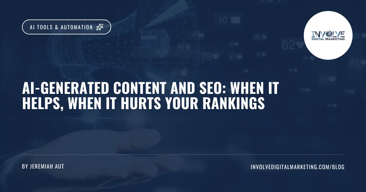 AI-Generated Content and SEO_ When It Helps When It Hurts Your Rankings | Involve Digital Marketing | Involve Digital Marketing Writer reviewing AI-generated content for SEO quality before publishing