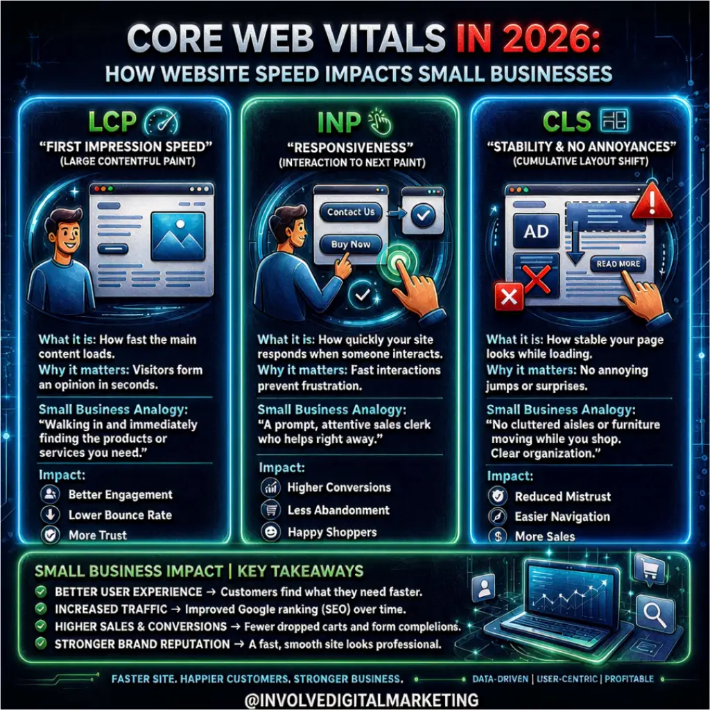 Infographic titled “Core Web Vitals in 2026: How Website Speed Impacts Small Businesses,” showing LCP, INP, and CLS with illustrated website interactions. LCP highlights fast content load; INP shows responsive clicks; CLS shows stable layouts. Key impacts include better user experience, improved SEO, higher conversions, and stronger brand trust. Footer reads “Faster site. Happier customers. Stronger business.” with Involve Digital Marketing branding. Core Web Vitals 2026 infographic showing LCP, INP and CLS and how website speed impacts small businesses