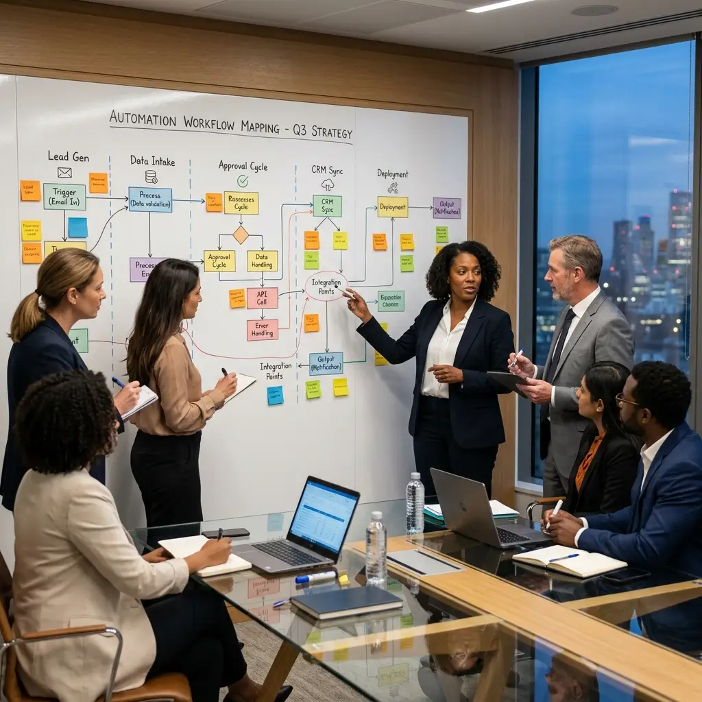 Team of six discussing an automation workflow diagram on a whiteboard covered with colorful sticky notes in a modern conference room. Automation Workflow Mapping for business productivity