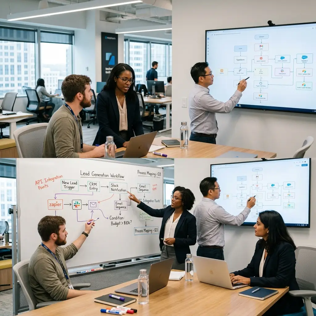 Team of five in a modern open office collaborates around a table; one person points at a large wall screen while another writes on a whiteboard. Lead generation with automation workflows for businesses