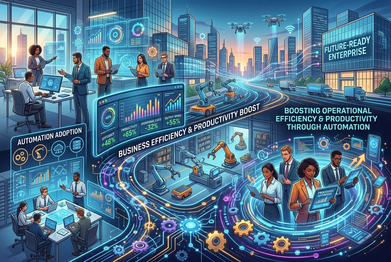 Vibrant futuristic office and factory scene with dashboards, robotic arms, drones, and workers using tablets—illustrating automation and efficiency growth in a future-ready enterprise. Why businesses should be adopting automation systems to boost operations and productivity